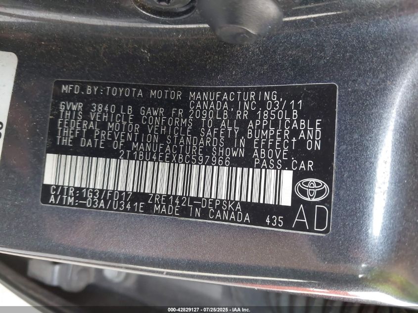 2011 Toyota Corolla S VIN: 2T1BU4EEXBC597966 Lot: 42829127