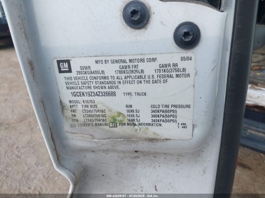 2004 Chevrolet Silverado 1500 Work Truck VIN: 1GCEK19Z34Z326688 Lot: 42829187