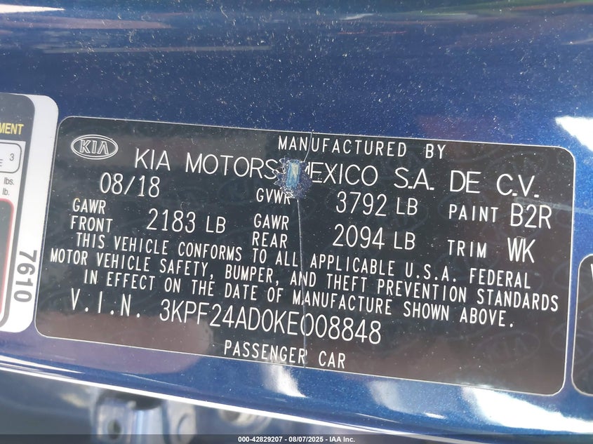 2019 Kia Forte 2.0 Lxs Blue Lot 111042829207 Vin 3KPF24AD0KE008848