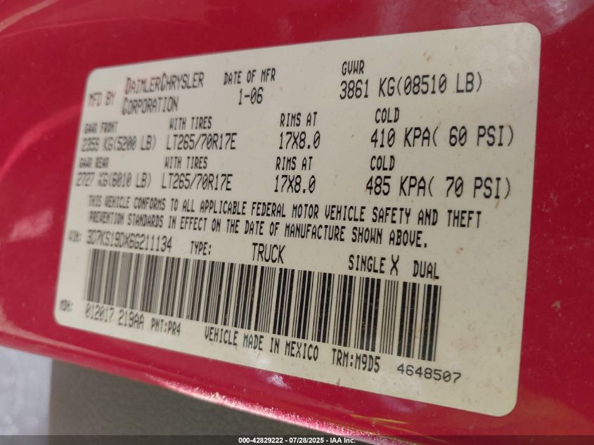 2006 Dodge Ram 1500 Slt VIN: 3D7KS19DX6G211134 Lot: 42829222