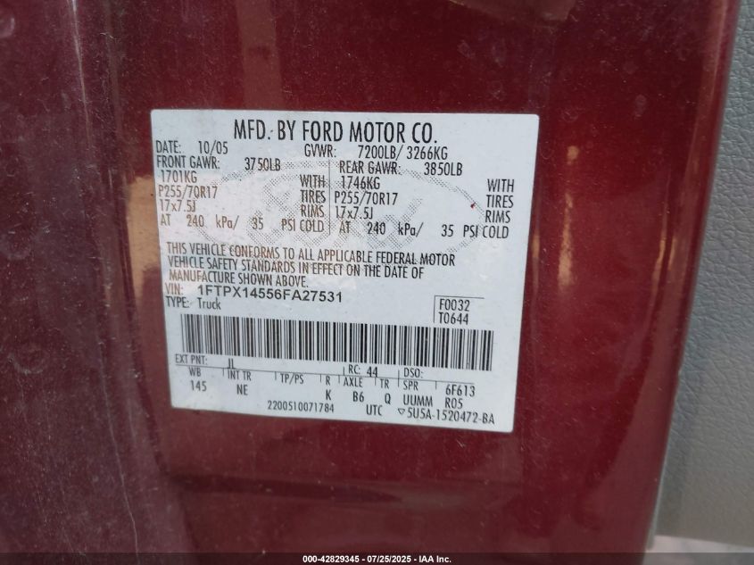 2006 Ford F-150 Fx4/Lariat/Xl/Xlt VIN: 1FTPX14556FA27531 Lot: 42829345