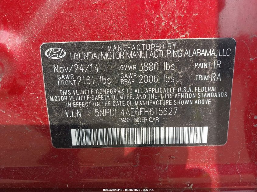 2015 Hyundai Elantra Se VIN: 5NPDH4AE6FH615627 Lot: 42829419