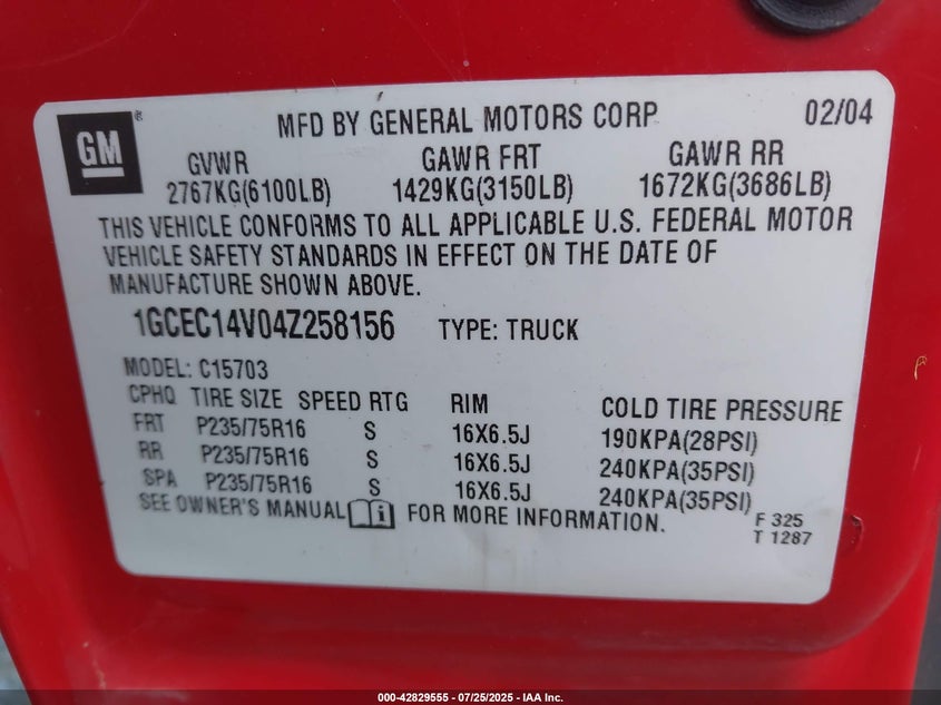 2004 Chevrolet Silverado 1500 VIN: 1GCEC14V04Z258156 Lot: 42829555