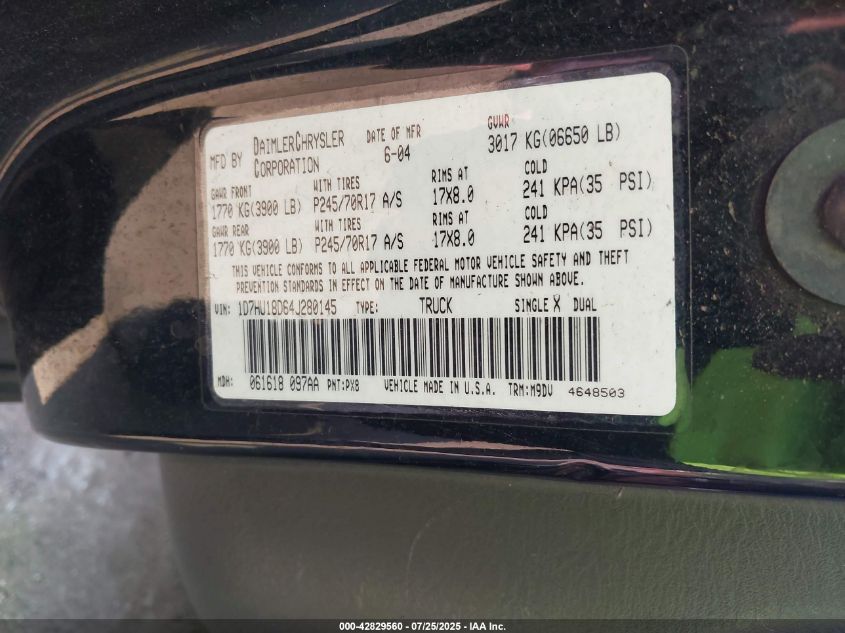 2004 Dodge Ram 1500 Slt/Laramie VIN: 1D7HU18D64J280145 Lot: 42829560