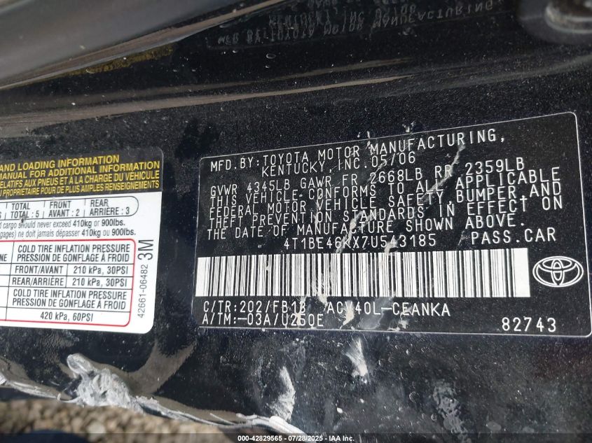 2007 Toyota Camry Le VIN: 4T1BE46KX7U543185 Lot: 42829565