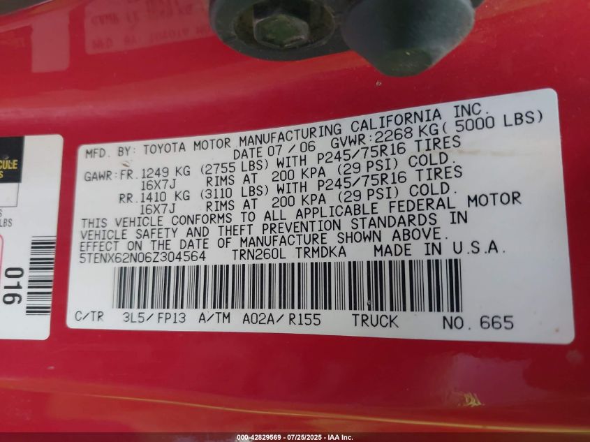 2006 Toyota Tacoma Prerunner VIN: 5TENX62N06Z304564 Lot: 42829569