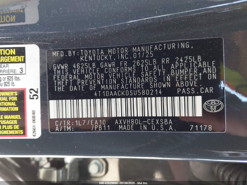 2025 Toyota Camry Se VIN: 4T1DAACK0SU580214 Lot: 42829580