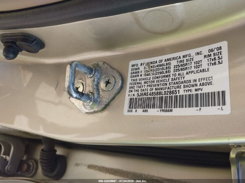 2008 Honda Cr-V Ex VIN: 5J6RE48588L028651 Lot: 42829667