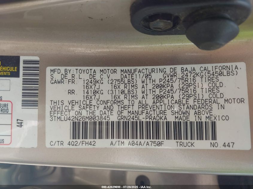2006 Toyota Tacoma Double Cab VIN: 3TMLU42N26M003845 Lot: 42829698