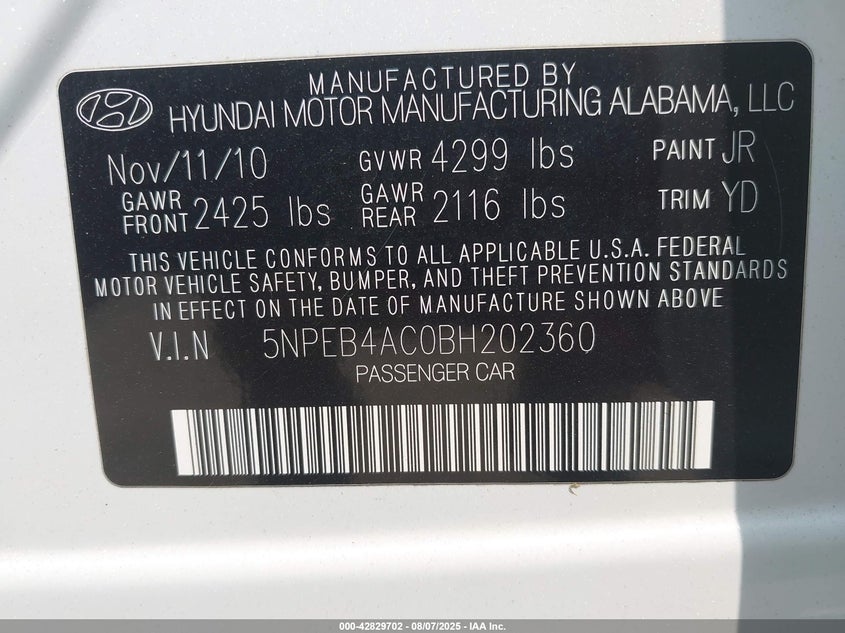 5NPEB4AC0BH202360 2011 HYUNDAI SONATA photo no. 9