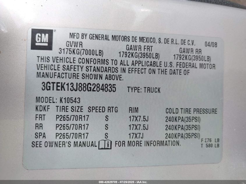 2008 GMC Sierra 1500 Sle1 VIN: 3GTEK13J88G284835 Lot: 42829709