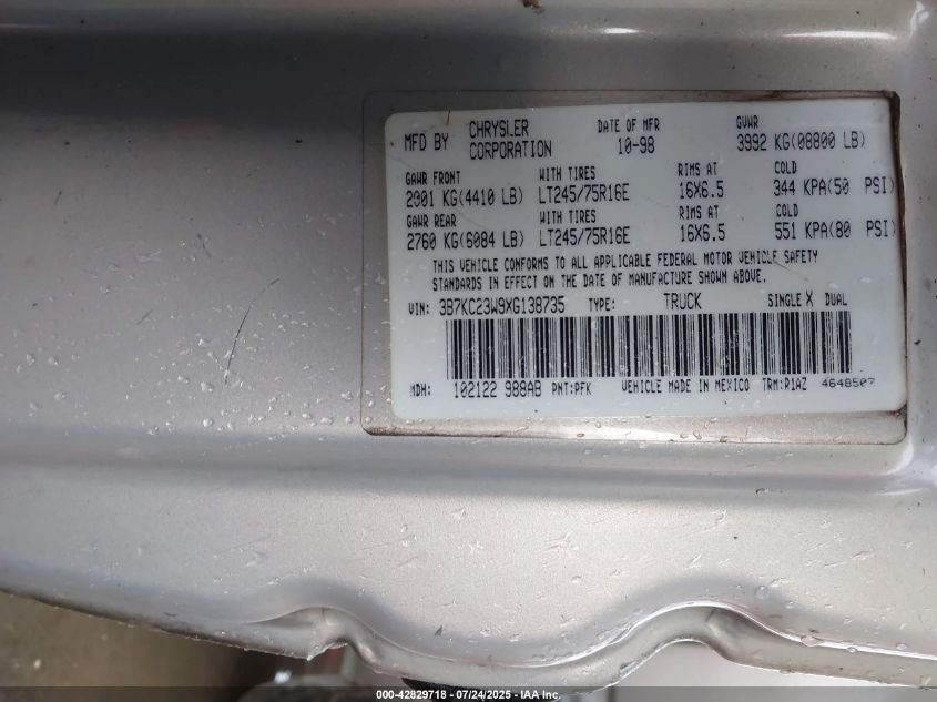 1999 Dodge Ram 2500 St VIN: 3B7KC23W9XG138735 Lot: 42829718