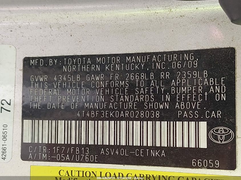 2010 Toyota Camry Le VIN: 4T4BF3EK0AR028038 Lot: 42829723