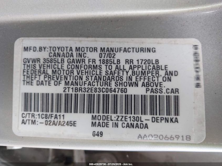 2003 Toyota Corolla Le VIN: 2T1BR32E83C064760 Lot: 42829736