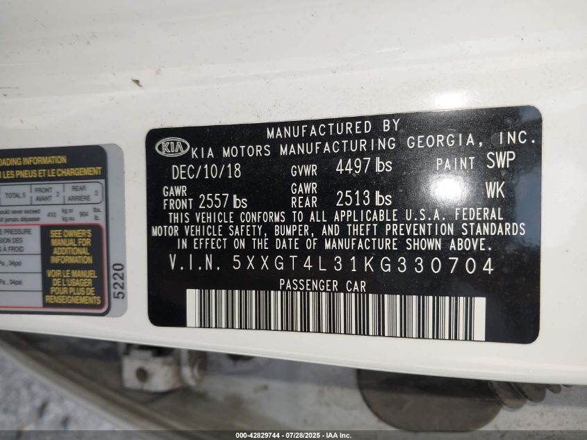 2019 Kia Optima Lx VIN: 5XXGT4L31KG330704 Lot: 42829744