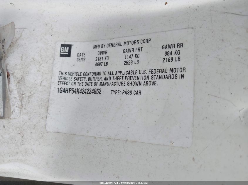 2002 Buick Lesabre Custom VIN: 1G4HP54K424234852 Lot: 42829774