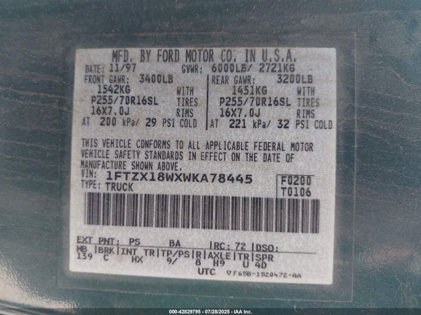 1998 Ford F-150 Lariat/Standard/Xl/Xlt VIN: 1FTZX18WXWKA78445 Lot: 42829795