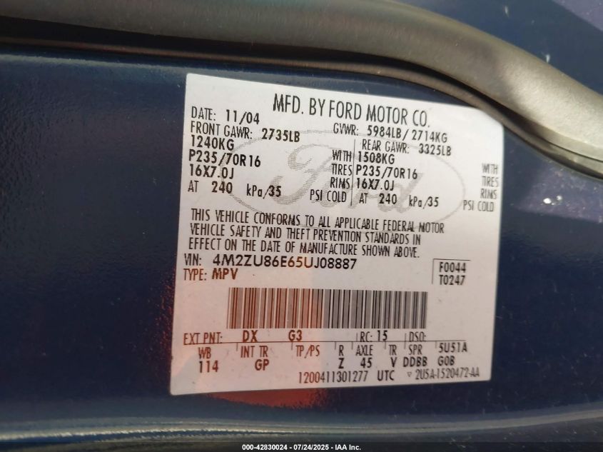 2005 Mercury Mountaineer VIN: 4M2ZU86E65UJ08887 Lot: 42830024