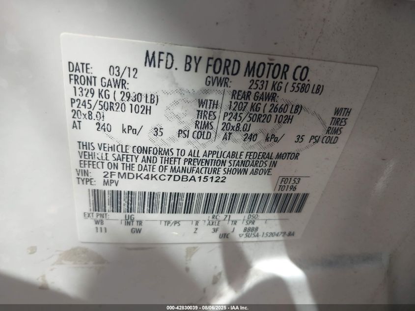 2013 Ford Edge Limited VIN: 2FMDK4KC7DBA15122 Lot: 42830039