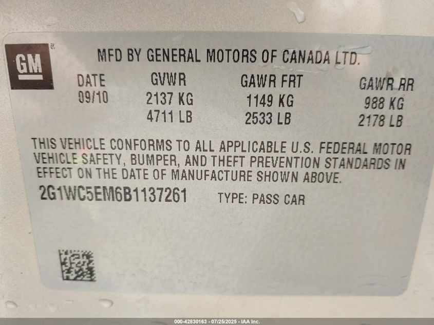 2011 Chevrolet Impala Ltz VIN: 2G1WC5EM6B1137261 Lot: 42830163