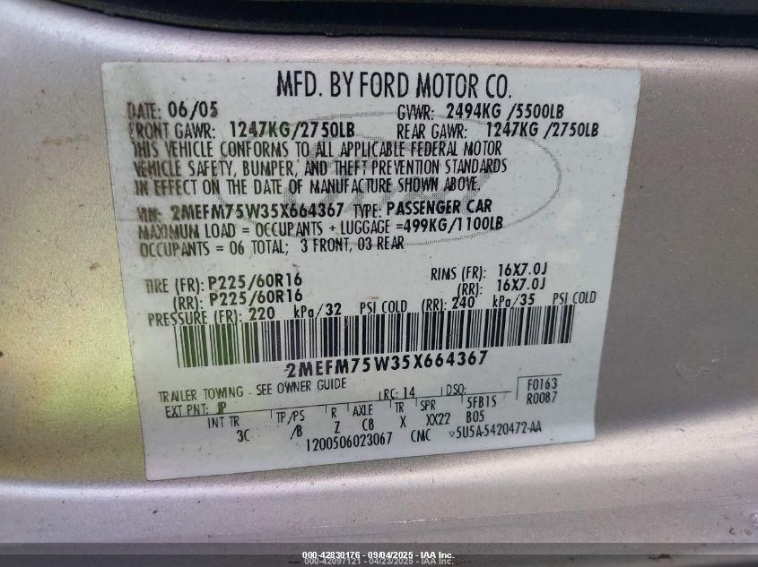 2005 Mercury Grand Marquis Ls/Lse VIN: 2MEFM75W35X664367 Lot: 42830176