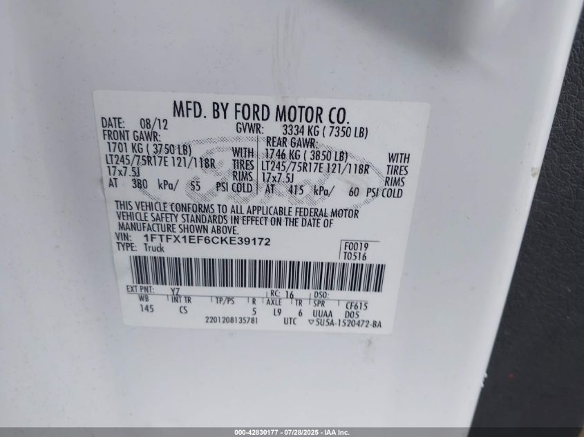 2012 Ford F-150 Xl VIN: 1FTFX1EF5CKE39132 Lot: 42830177