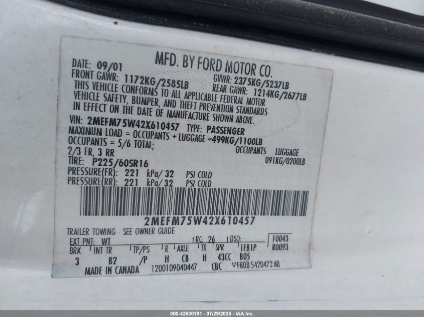 2002 Mercury Grand Marquis Ls VIN: 2MEFM75W42X610457 Lot: 42830191
