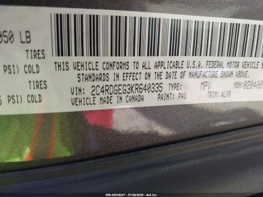 2019 Dodge Grand Caravan Gt VIN: 2C4RDGEG3KR640335 Lot: 42830247