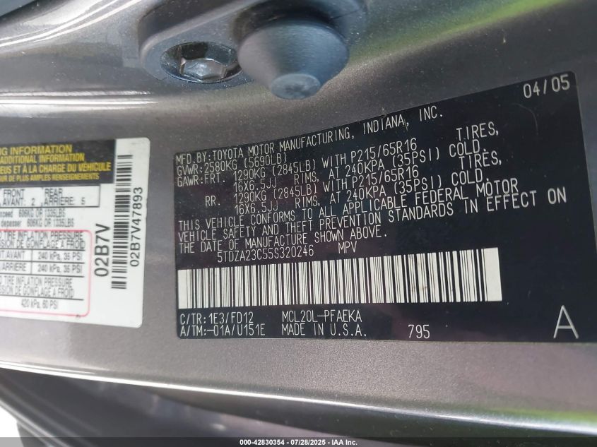 2005 Toyota Sienna Ce VIN: 5TDZA23C55S320246 Lot: 42830354