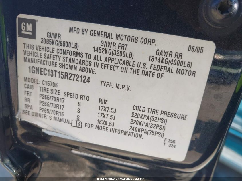 2005 Chevrolet Tahoe Lt VIN: 1GNEC13T15R272124 Lot: 42830445