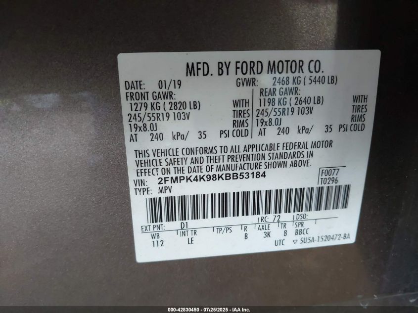 2019 Ford Edge Titanium VIN: 2FMPK4K98KBB53184 Lot: 42830450