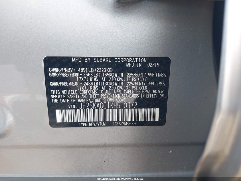 2019 SUBARU FORESTER PREMIUM - JF2SKAGC1KH510372