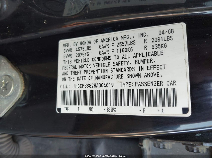 2008 Honda Accord 3.5 Ex-L VIN: 1HGCP36828A064619 Lot: 42830586