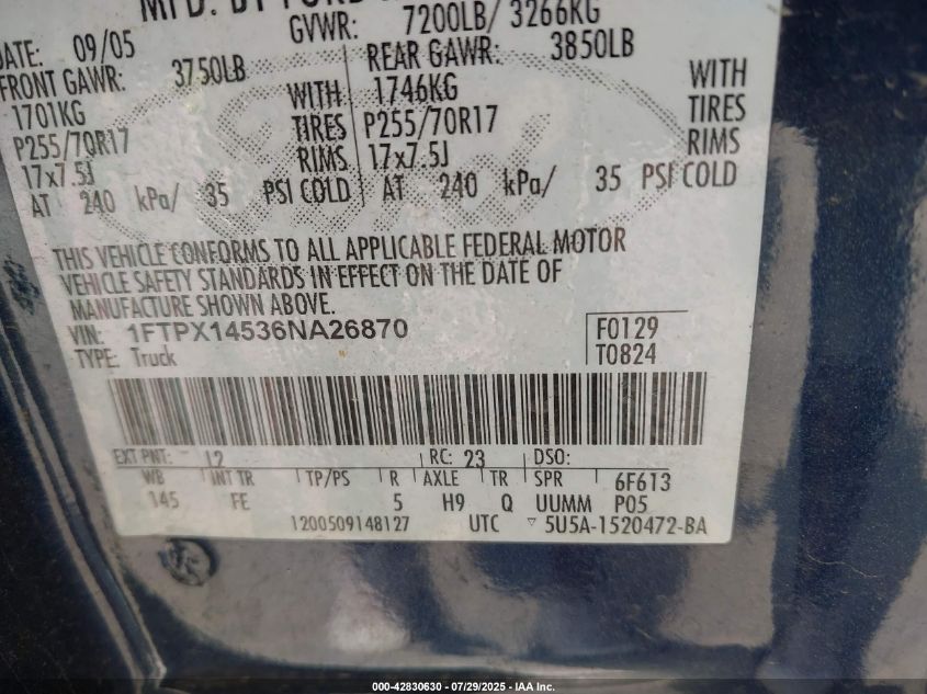 2006 Ford F-150 Fx4/Lariat/Xl/Xlt VIN: 1FTPX14536NA26870 Lot: 42830630