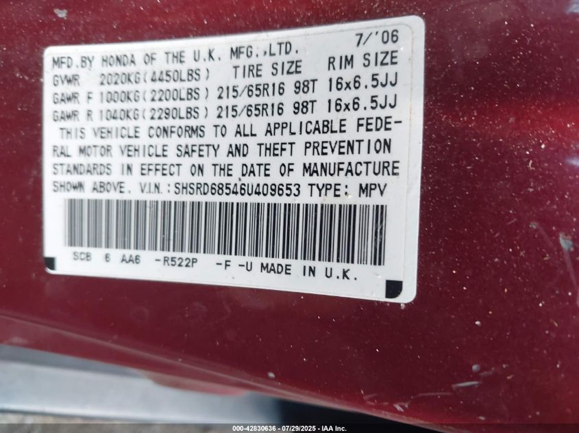 2006 Honda Cr-V Lx VIN: SHSRD68546U409653 Lot: 42830636
