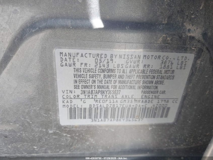 2019 Nissan Sentra Sv VIN: 3N1AB7AP8KY365637 Lot: 42830750