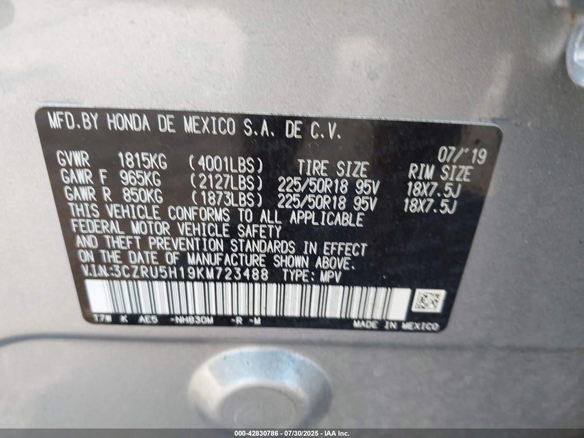 2019 HONDA HR-V SPORT 3CZRU5H19KM723488