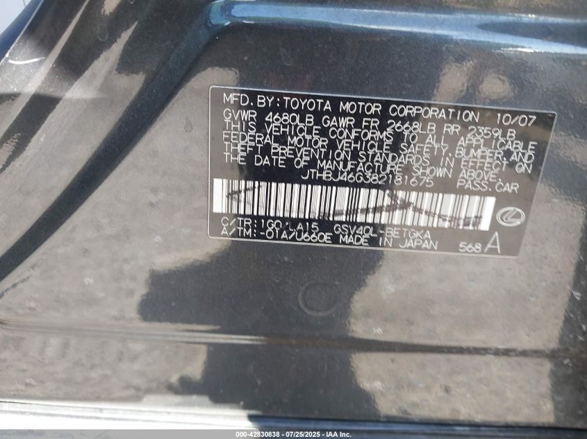 2008 Lexus Es 350 VIN: JTHBJ46G382181675 Lot: 42830838