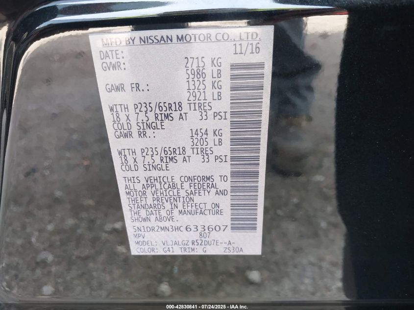 2017 Nissan Pathfinder Sl VIN: 5N1DR2MN3HC633607 Lot: 42830841
