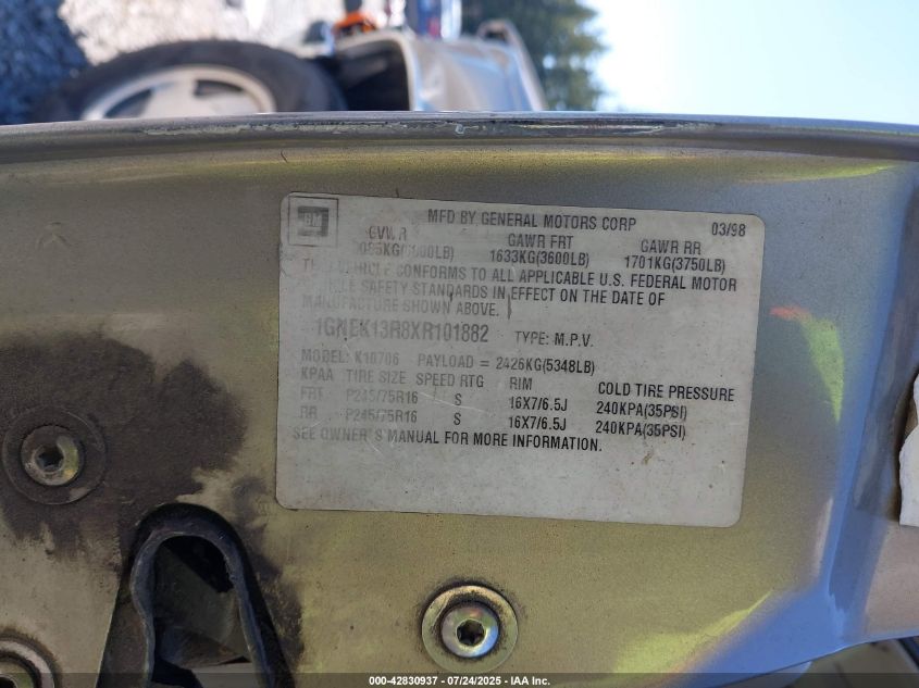 1999 Chevrolet Tahoe Ls VIN: 1GNEK13R8XR101882 Lot: 42830937