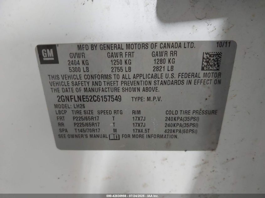 2012 Chevrolet Equinox 2Lt VIN: 2GNFLNE52C6157549 Lot: 42830956