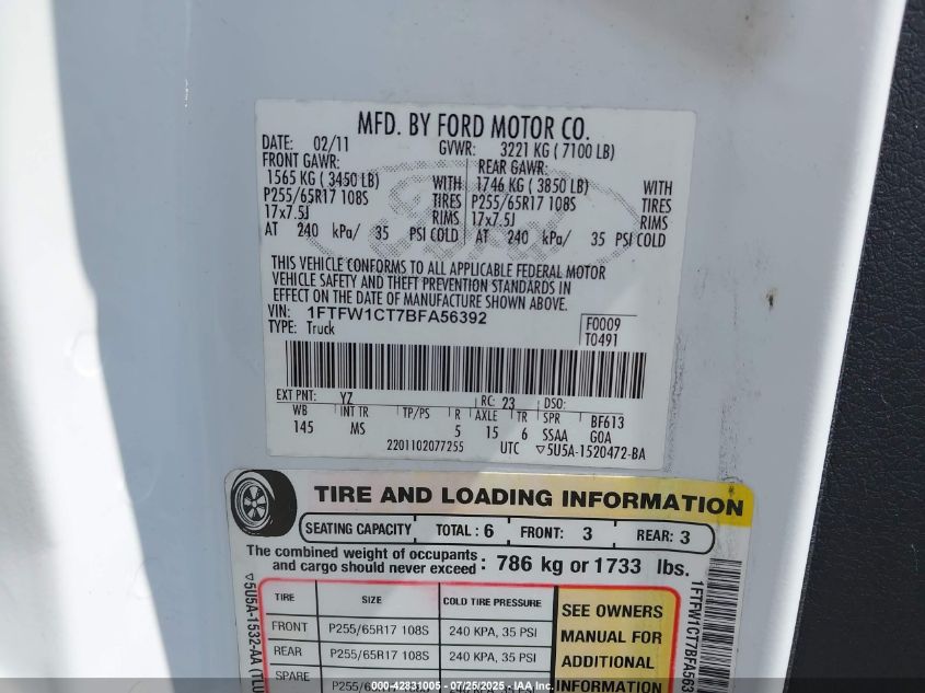 2011 Ford F-150 Xlt VIN: 1FTFW1CT7BFA56392 Lot: 42831005