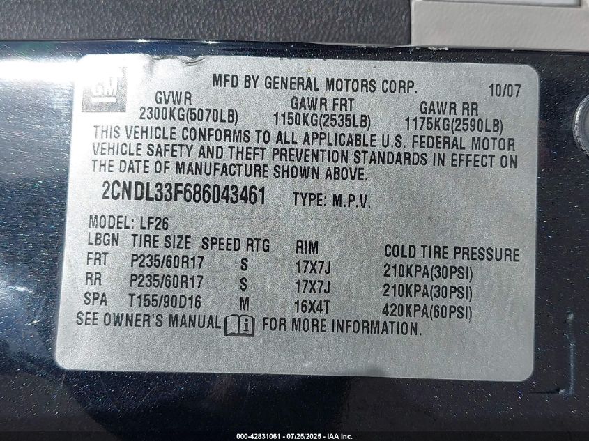 2008 Chevrolet Equinox VIN: 2CNDL33F6B6043461 Lot: 42831061