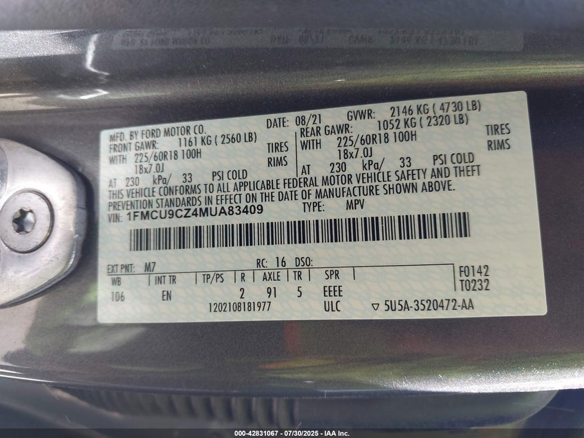 1FMCU9CZ4MUA83409 2021 FORD ESCAPE photo no. 9