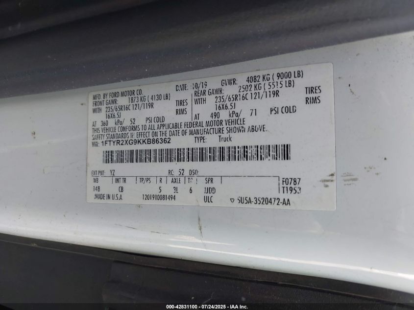 2019 Ford Transit-250 VIN: 1FTYR2XG9KKB86362 Lot: 42831100
