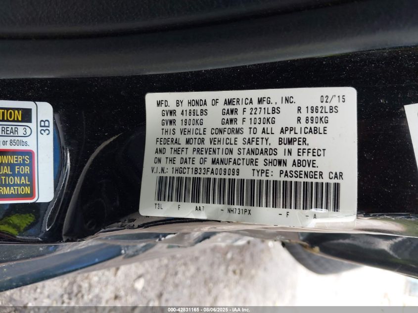 2015 Honda Accord Lx-S VIN: 1HGCTIB33FA009099 Lot: 42831165