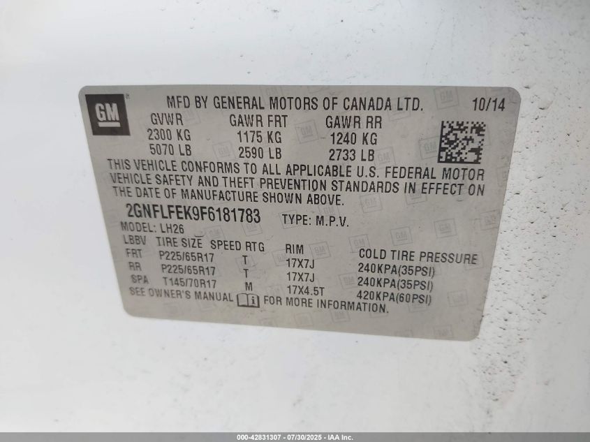 2015 Chevrolet Equinox 1Lt VIN: 2GNFLFEK9F6181783 Lot: 42831307