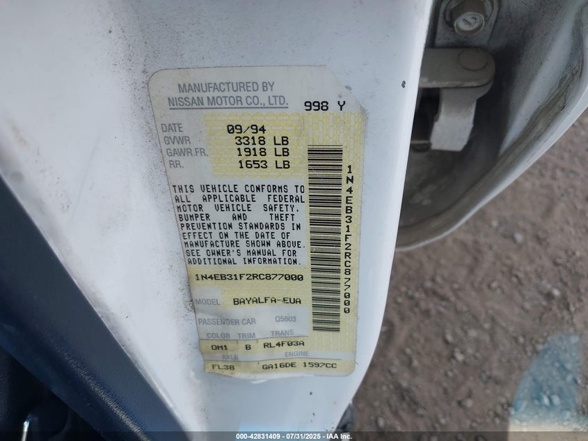 1994 Nissan Sentra E/Xe/Gxe/Le VIN: 1N4EB31F2RC877000 Lot: 42831409