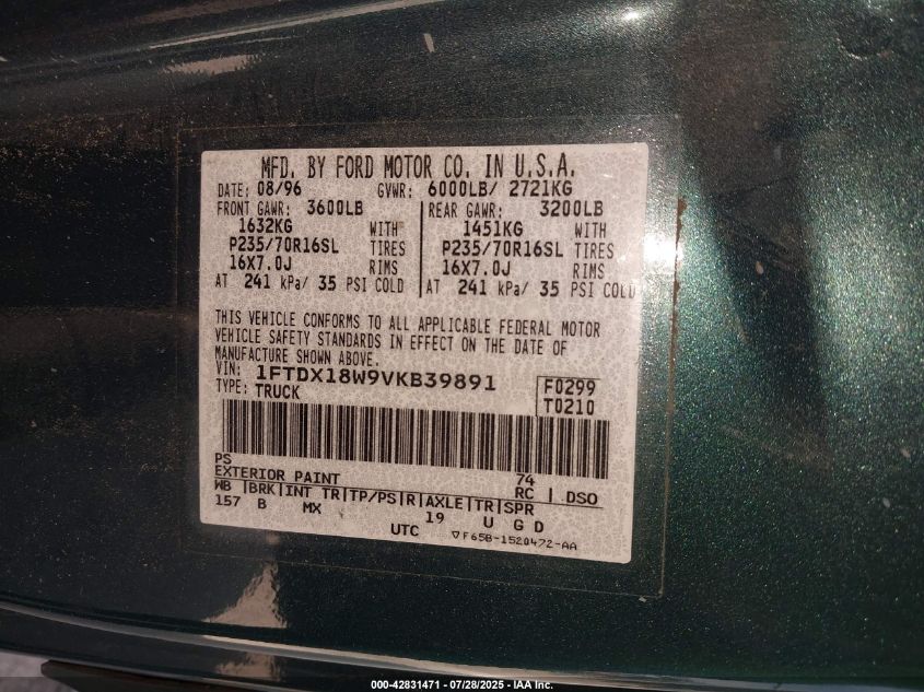 1997 Ford F-150 Lariat/Xl/Xlt VIN: 1FTDX18W9VKB39891 Lot: 42831471
