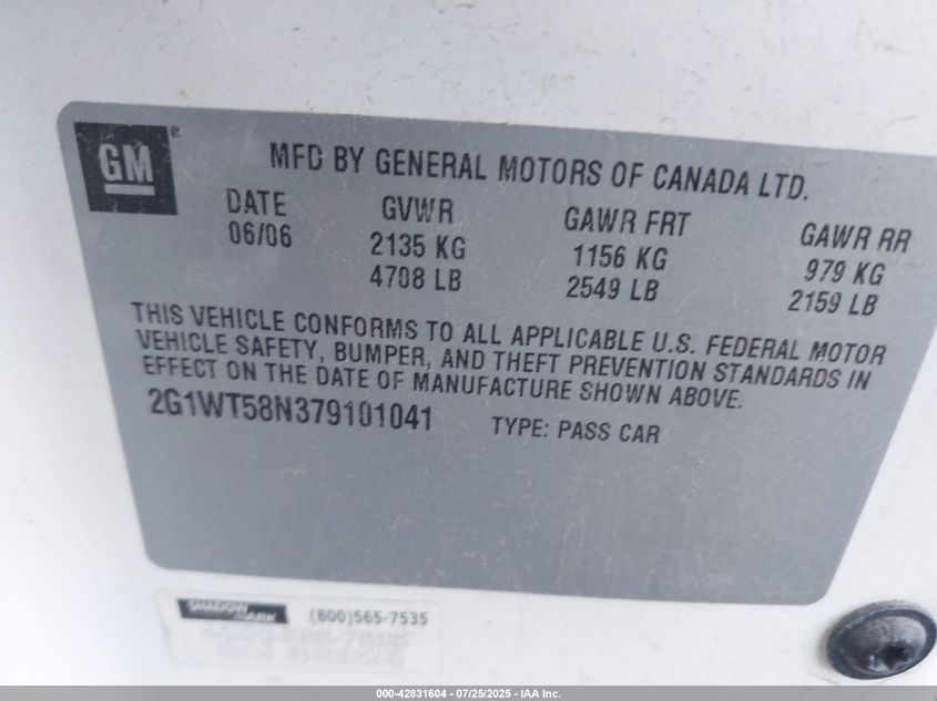 2007 Chevrolet Impala Lt VIN: 2G1WT58N379101041 Lot: 42831604